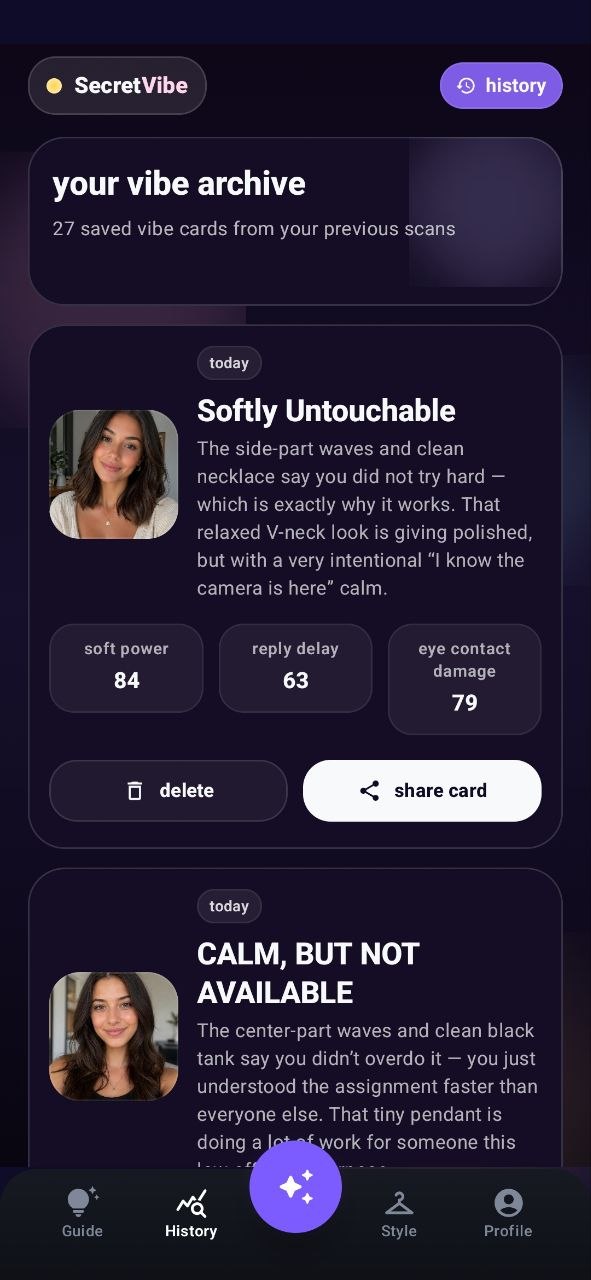 SecretVibe history screen